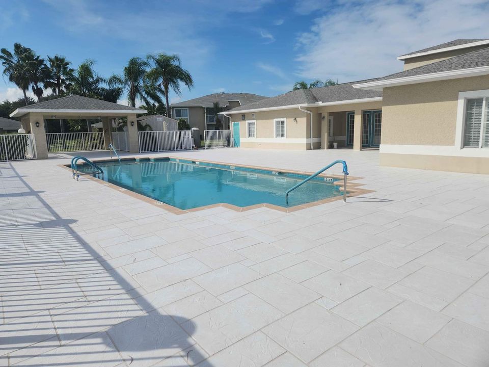 A sunlit poolside area in Naples, FL, featuring a large potted plant casting a shadow on light-colored wooden decking. The clear, inviting water of the pool shimmers in the background, reflecting the blue sky above, while decorative concrete elements add an elegant touch to the serene setting.